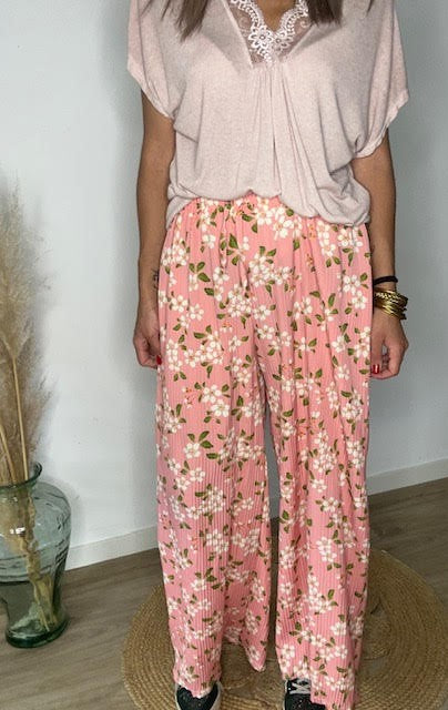 Pantalon plissé floral - rose