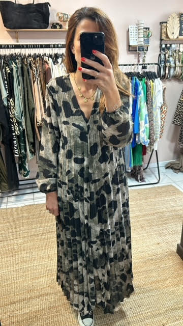 Robe plissée léopard - kaki