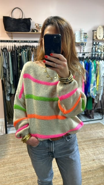 Pull beige rayures fluo