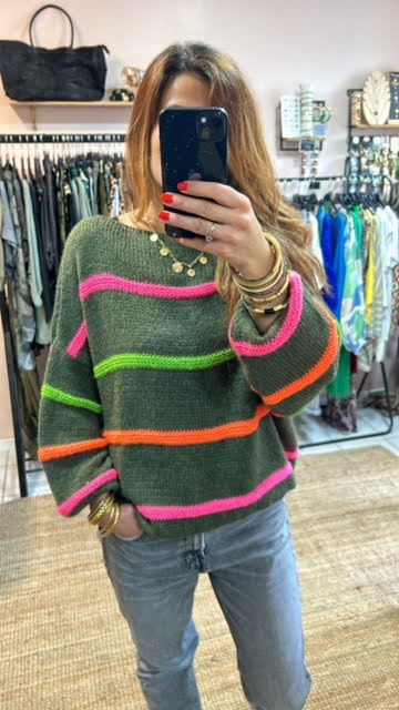 Pull kaki rayures fluo